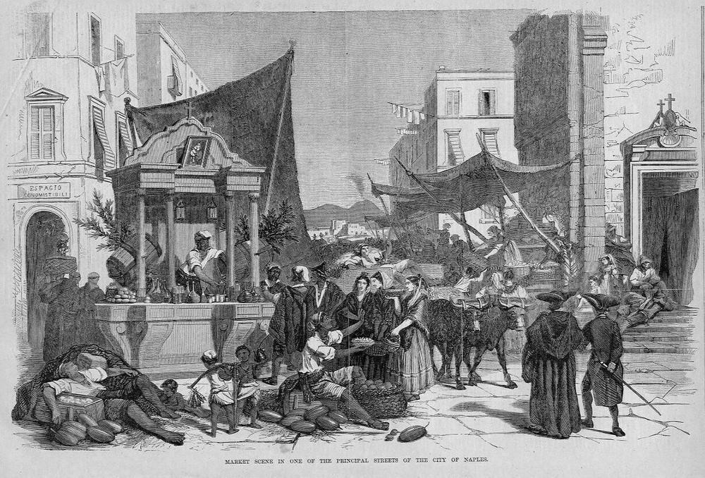 MARKET SCENE IN CITY OF NAPLES PRINCIPAL STREETS, WINE, FRUITS, CHILDREN, OXEN