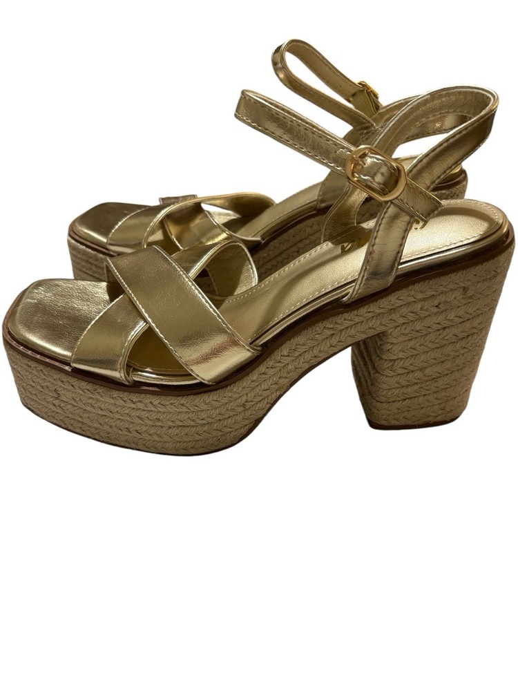 Y2K Boho Gold Metallic Platform Heel Sandals with Ankle Strap Size 10