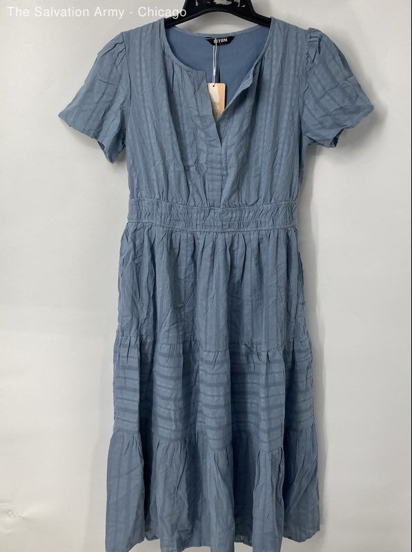 BTFBM Womens Blue Floral Cotton Short Sleeve Tiered A-Line Dress Size L