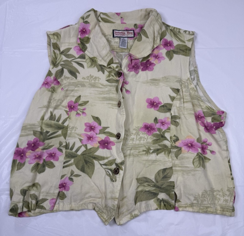 Jamaica Bay Black Floral Hawaiian Sleeveless Shirt Button Up Top Women's Size XL