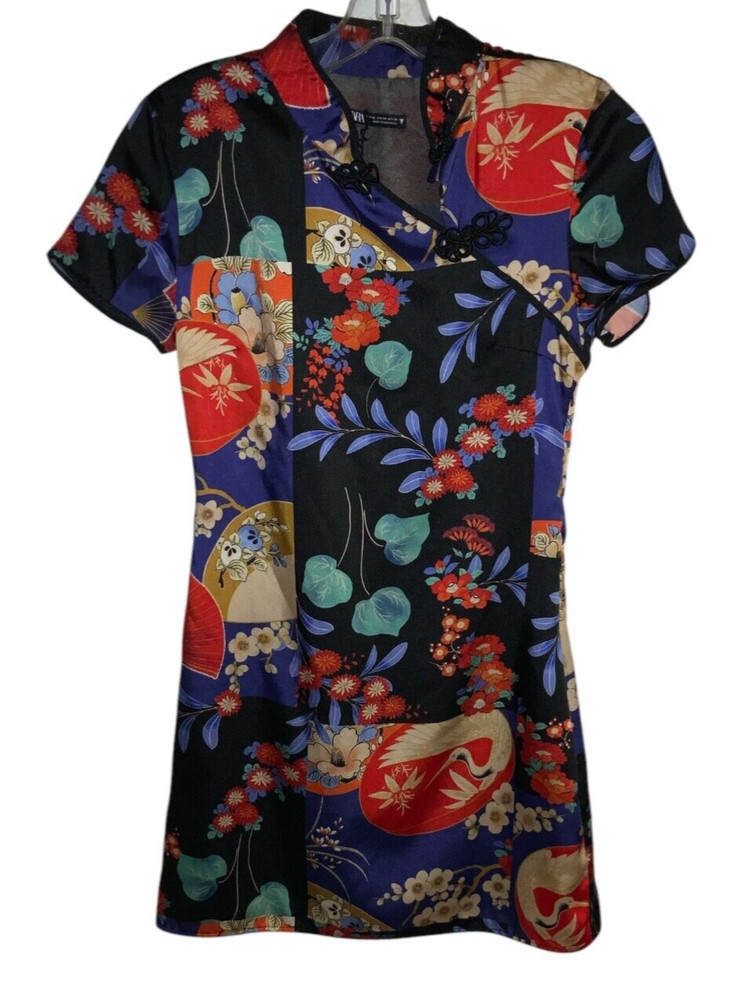 ZARA Asian Inspired Cheongsam Mandarin Collar Satin Mini Dress Size XS