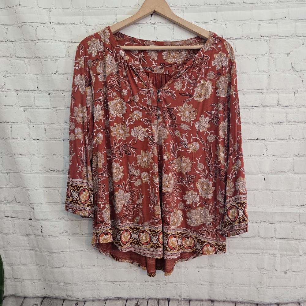 Lucky Brand Top Boho Floral Rust Blue V Neck Tunic Sz 1X Popover Blouse Peasant