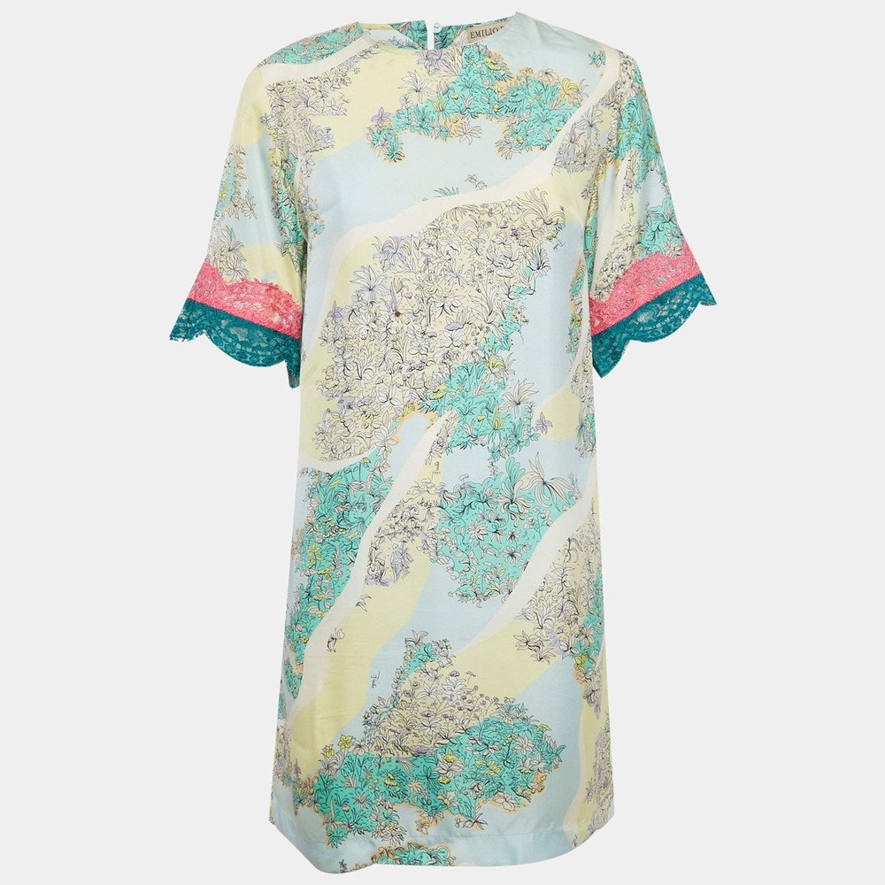 Emilio Pucci Multicolor Printed Silk Lace Trim Mini Dress S