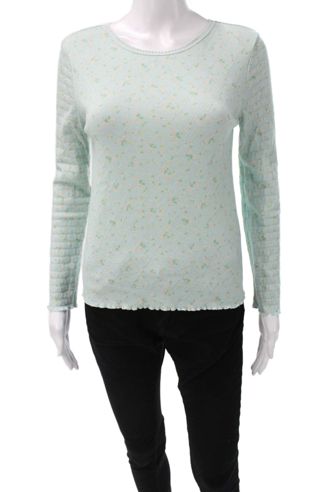Love Shack Fancy Womens Green Floral Cotton Long Sleeve T-Shirt Size SFree Shipping in US $100+ Orders | $6.95 Orders Below