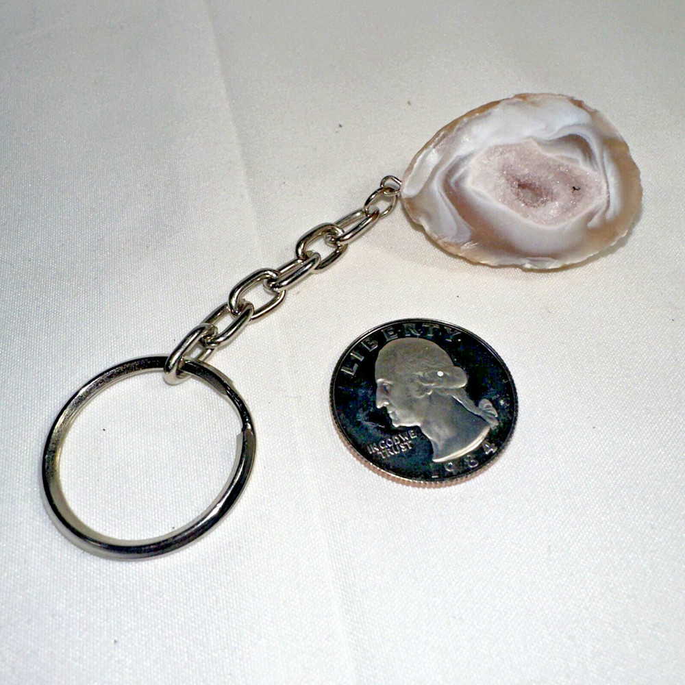 NEW Natural Oco Agate Geode Keychain Key Ring, Half Stone Rock Crystal Mineral
