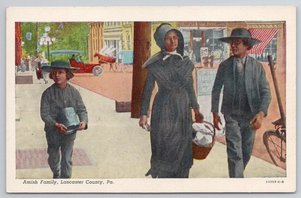 Lancaster County PA Amish Family Street Scene Vintage Postcard Curteich