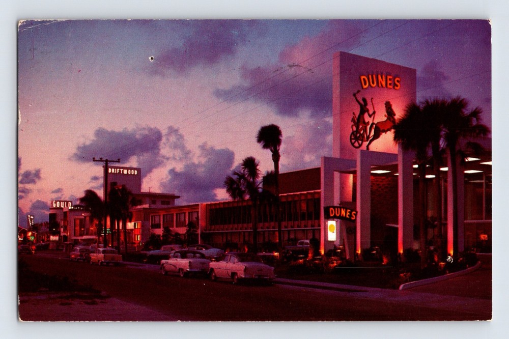 Postcard Florida Miami Beach FL Dunes Driftwood Motel Night 1961 Posted Chrome