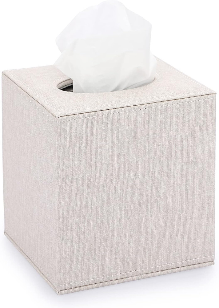 Square Linen Tissue Box Cover - Stylish Cube Tissue Box Holder with Magnetic Bot
