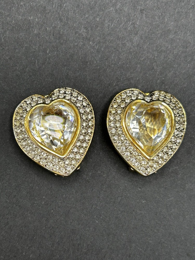 Large VTG 1980s Designer Gold Crystal Heart Rhinestone Clip Earrings