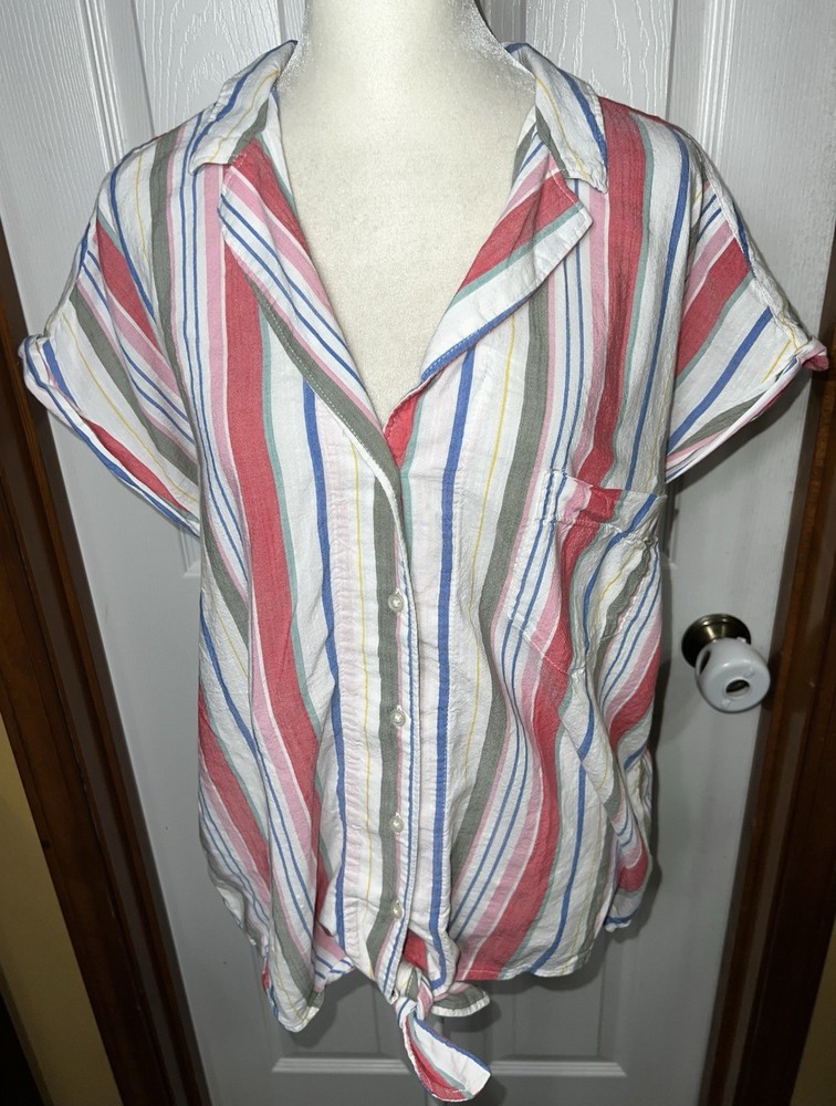 Old Navy Blouse Top T Shirt Cotton Blend Multicolor Striped Button Up L