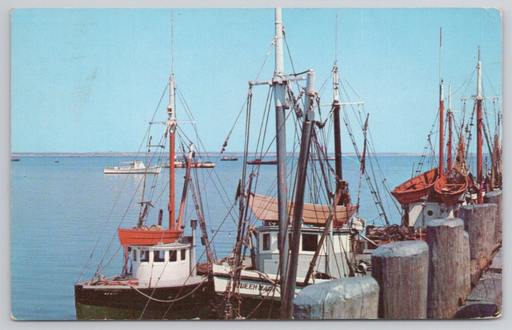 Vintage Provincetown MA Fishing Boats Dock Queen Mary Postcard 1957 Posted