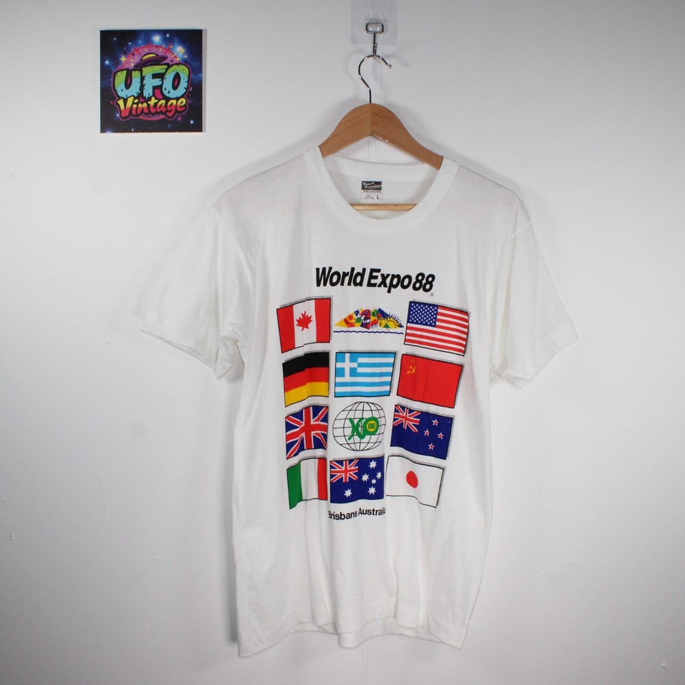 World Expo 1988 T Shirt Mens Medium White Single Stitch 90s Countries USA UK 80s