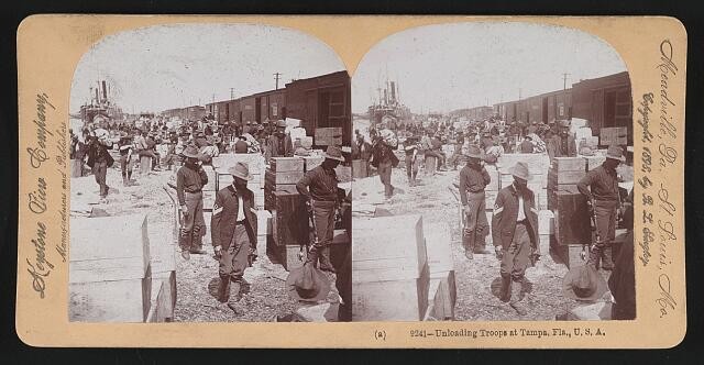 Photo:Tampa Florida 1898 Unloading Troops Cargo Train Dock Stereo Photo