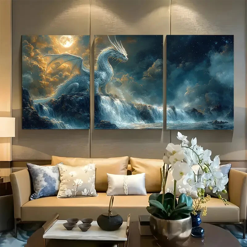 3pcs Mystical Dragon Perched Over Waterfall Metal Print Ready to Hang Art