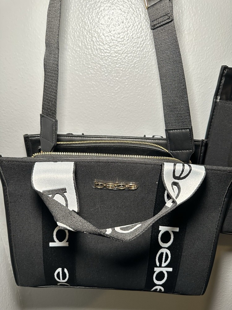 BEBE Hana Canvas Tote Bag with Double Handle and Crossbody Strap in Black & White