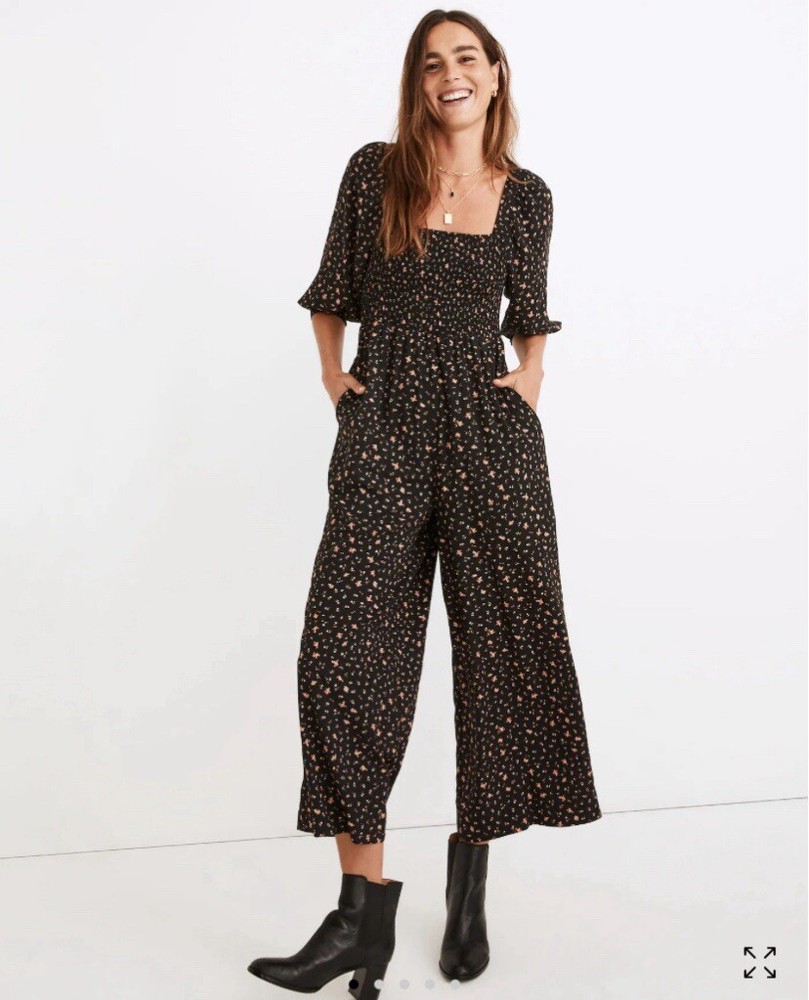 Madewell Women’s 4 Lucie Elbow-Sleeve Ditsy Floral Smocked Wide-Leg Jumpsuit