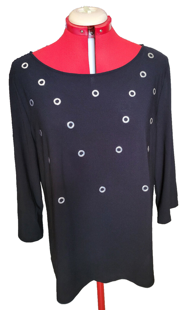 Black Silver Metal Ring Stud Dot Spotted Boat Neck 3/4 Sleeve Top Shirt XL