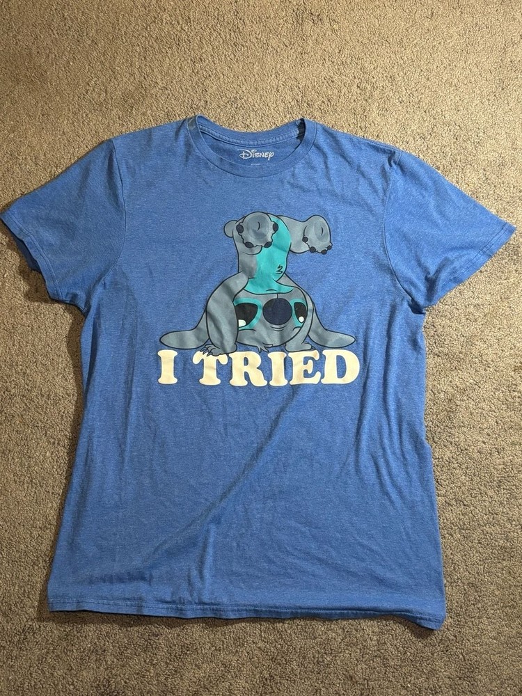 Disney Blue Stitch Graphic Print Short Sleeve T-Shirt Womens Size Medium Stained