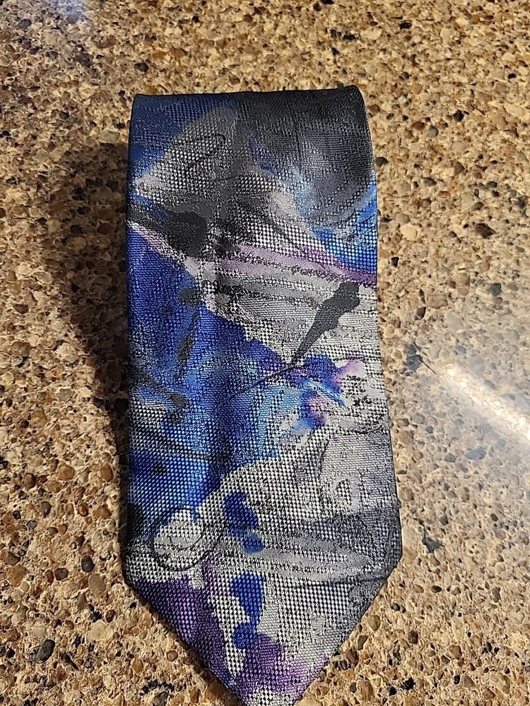 Oscar De La Renta Studio Tie Abstract Blue Gray Polyester Necktie Vintage