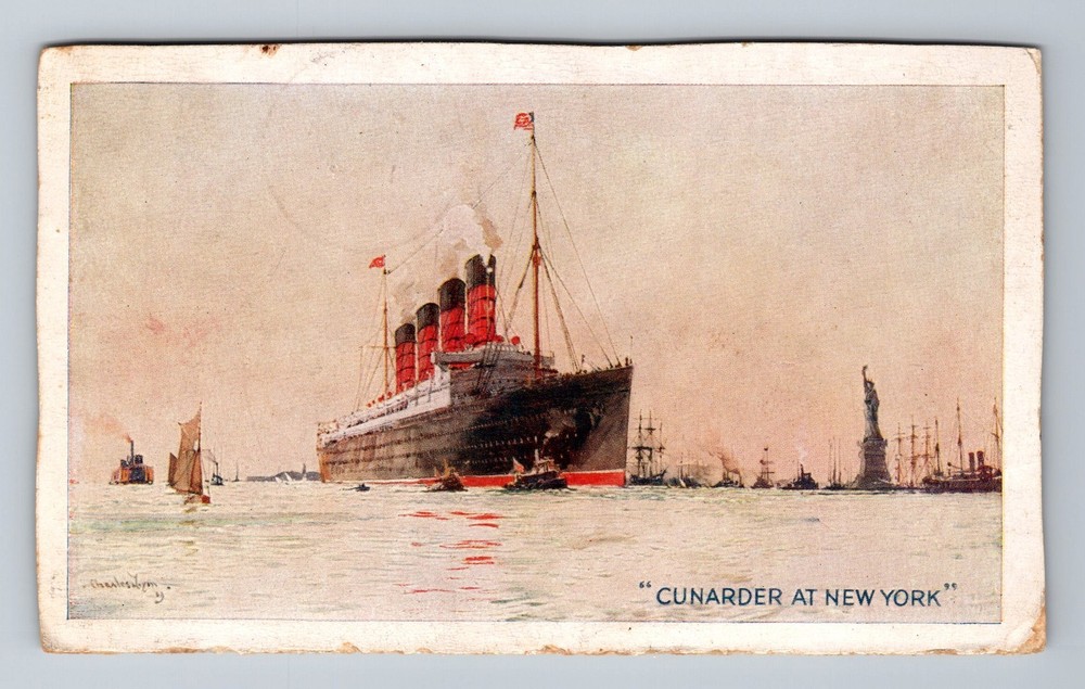 New York City NY-Cunarder Ship, Harbor, Statue Of Liberty Vintage c1913 Postcard