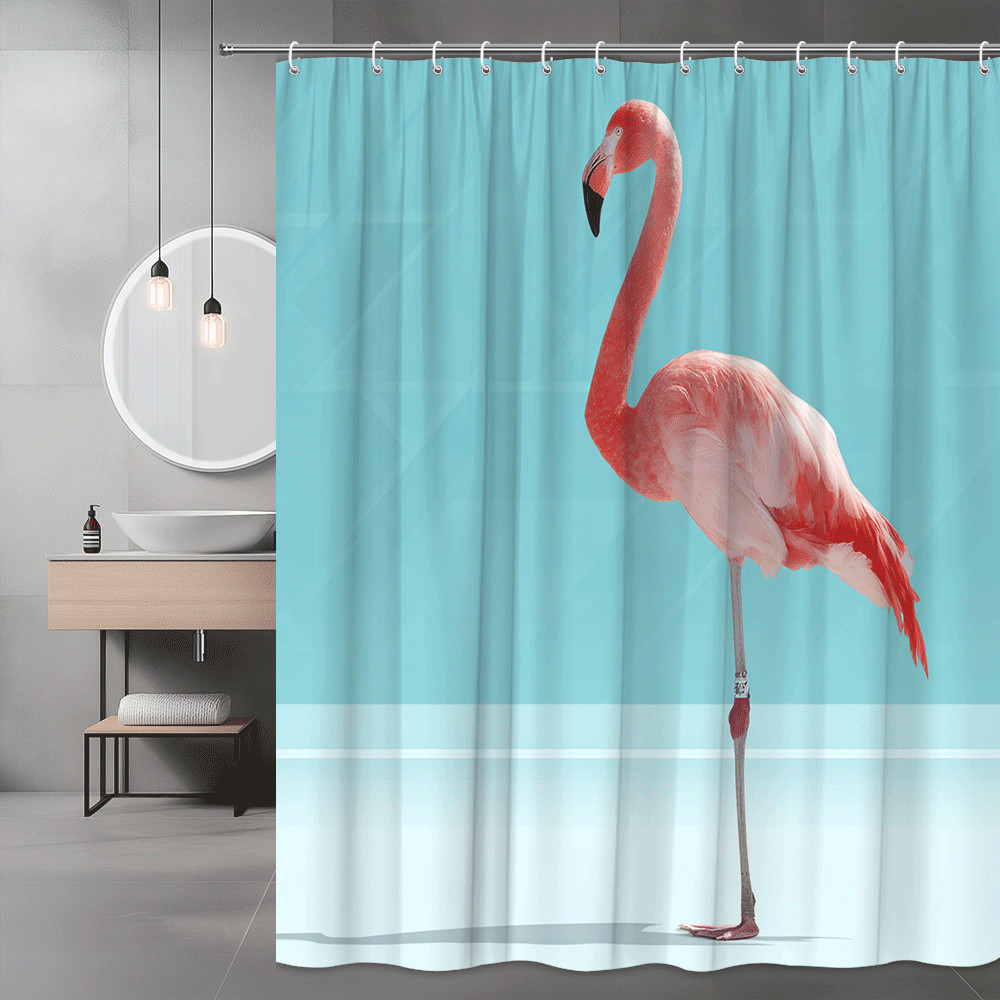 Flamingo Shower Curtain Aqua Background Tropical Bird Print