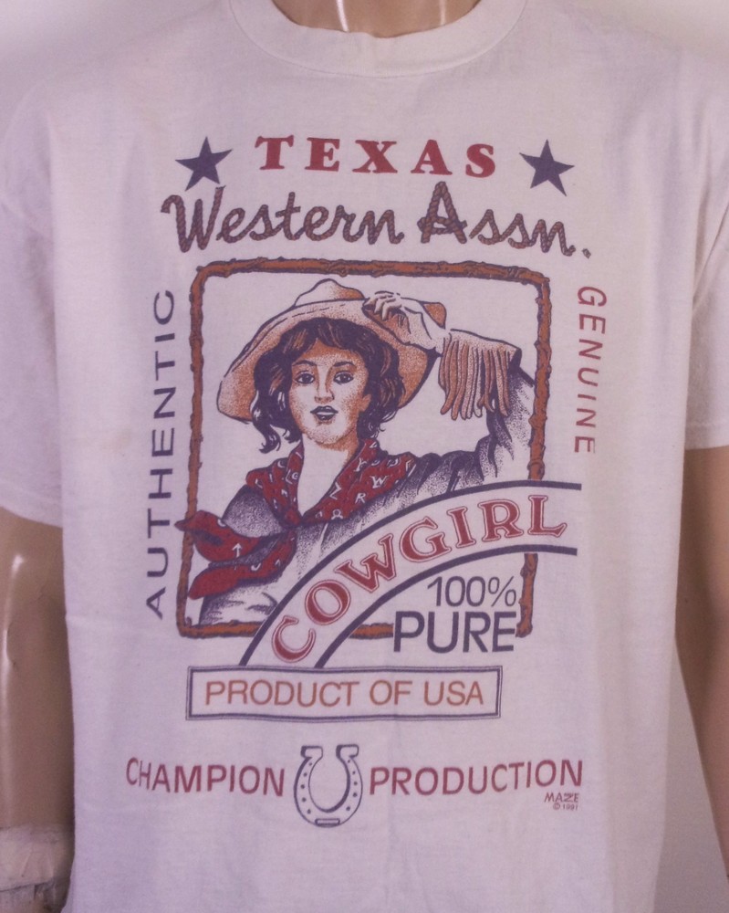 vintage 90s single stitch Texas Western Cowgirl 100% Pure T-Shirt Maze 1991 XL