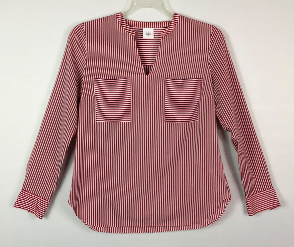 CAbi Blouse Womens Small Red White Blue Striped Long Sleeve V-Neck Pockets