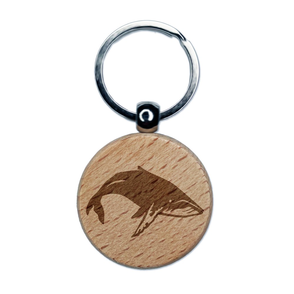Happy Humpback Whale Engraved Wood Round Keychain Tag Charm