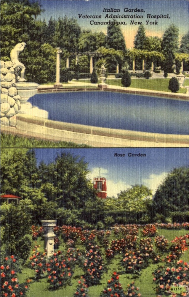 Italian & Rose Gardens ~ VA Hospital ~ Canandaigua New York ~ 1940s postcard