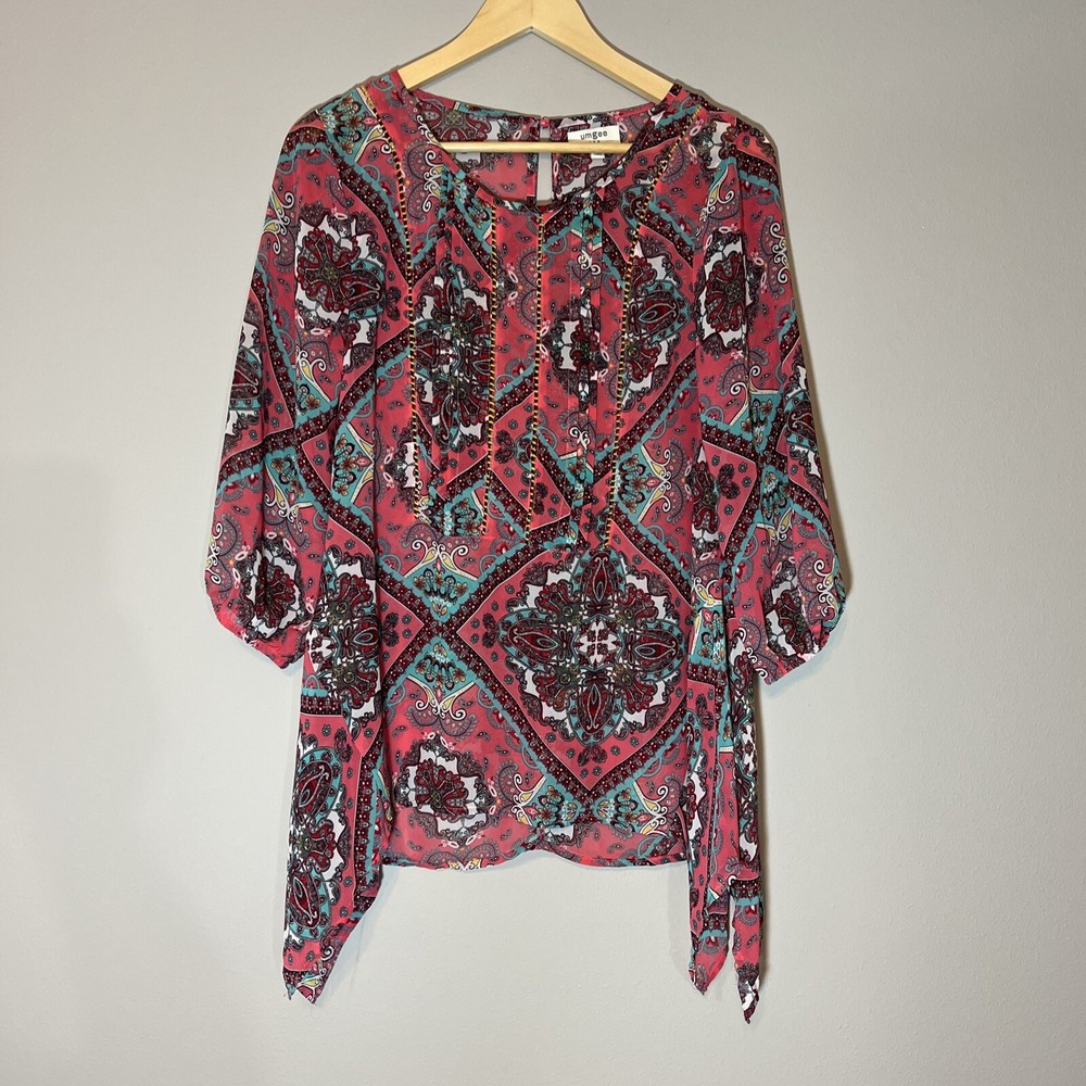 Umgee Womens Boho Blouse Small Coral Teal Paisley Asymmetrical Sheer Top