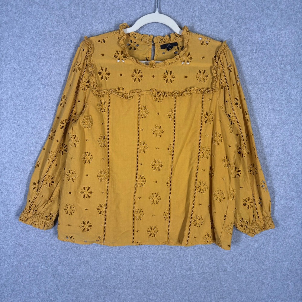 J Crew Eyelet Peasant Blouse Medium Mustard Ruffle Puff Cotton Preppy Cottage