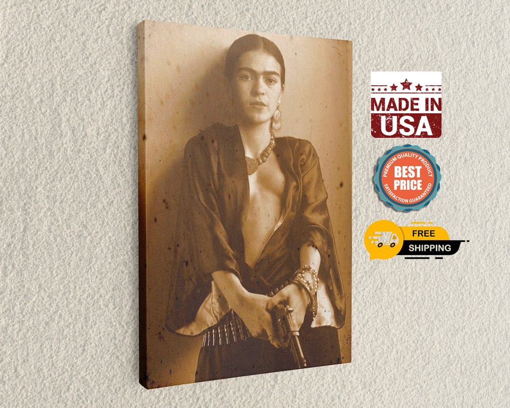Frida Kahlo Holding Gun Cool Pose Sepia, Canvas Art, Painting Reproduction