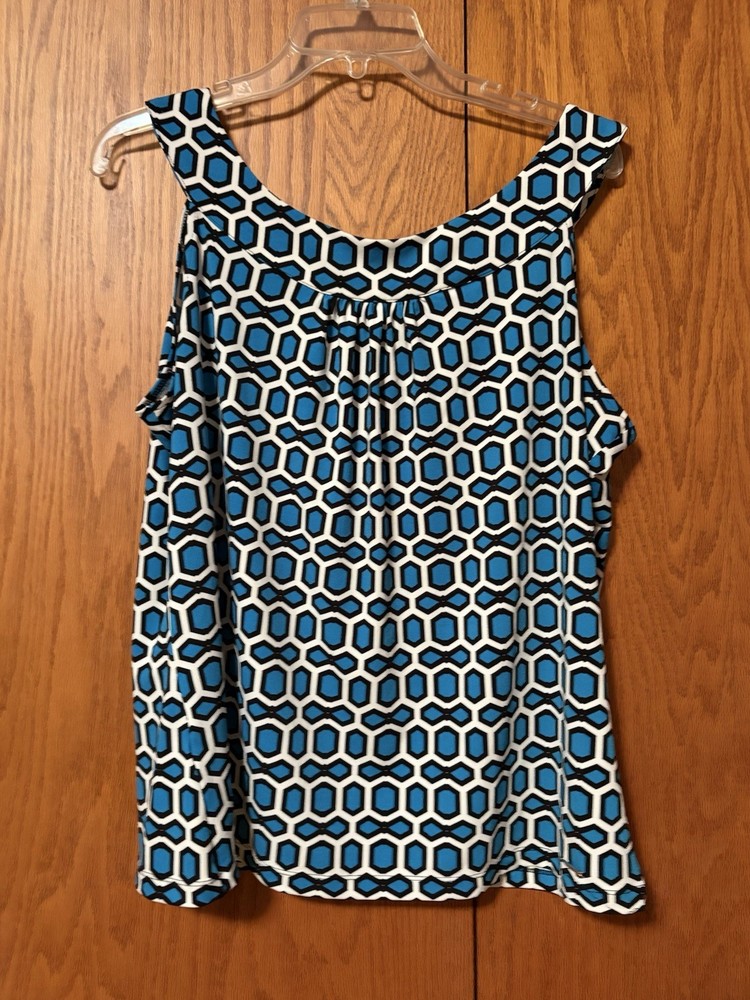 Calvin Klein Sleeveless Geometric Blouse Top Blue Black Honeycomb Size XL