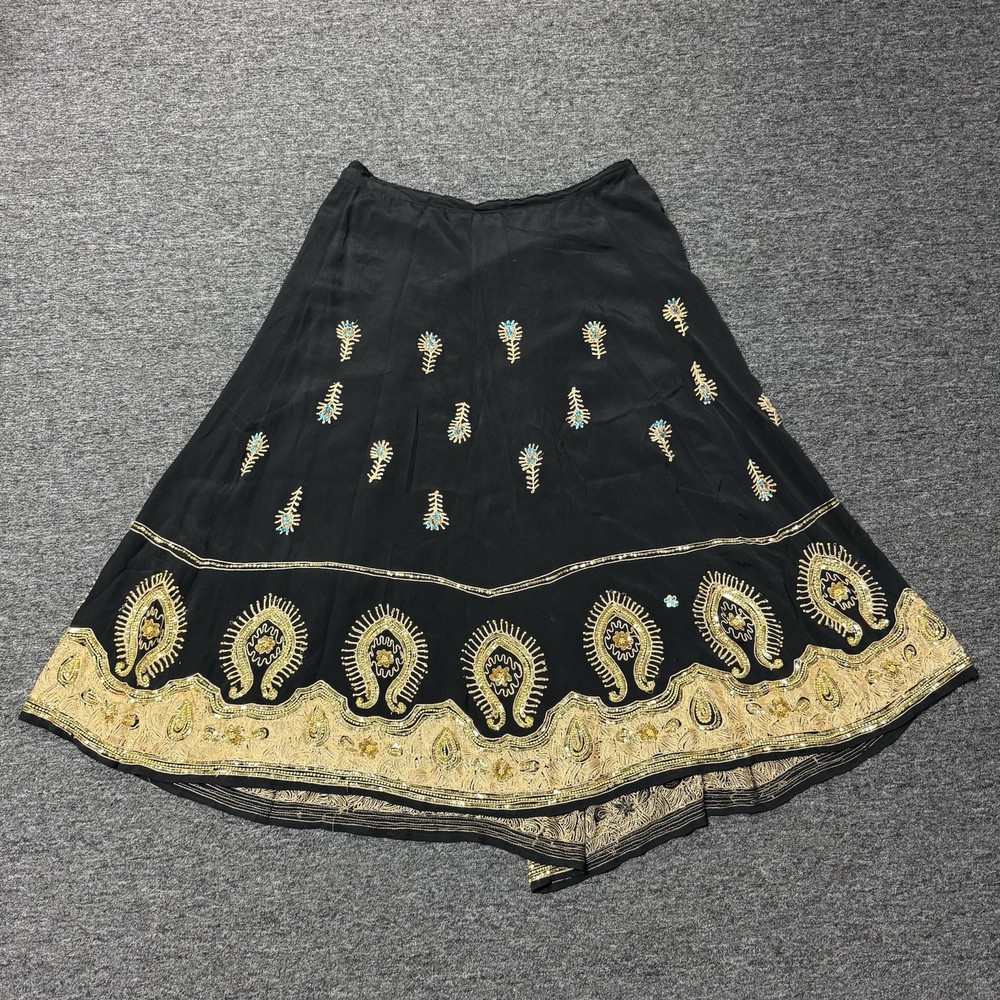 Women’s Soft Surroundings Black & Gold Beaded Long Boho Maxi Skirts - Size 2X