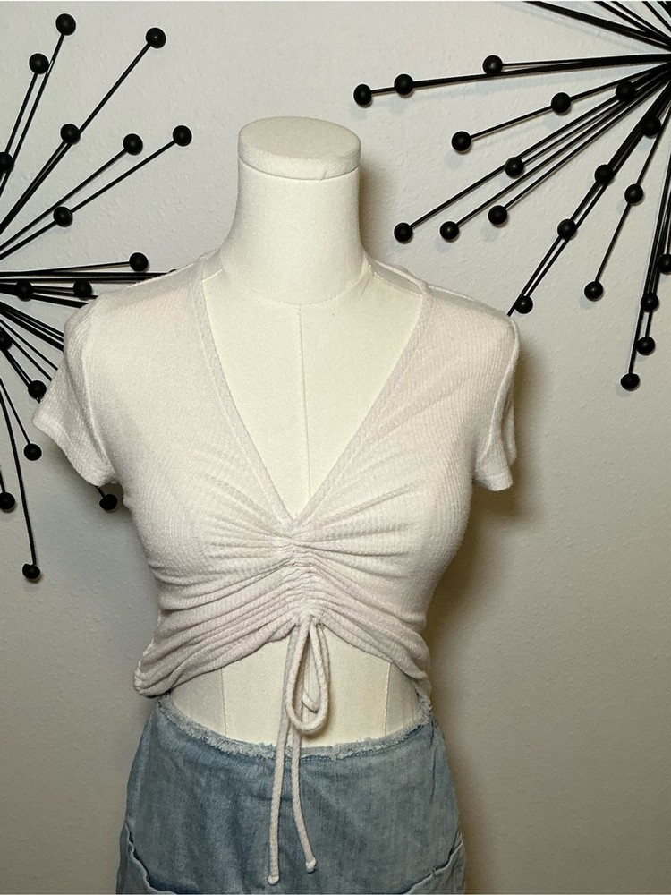 Out From Under Urban Outfitters White Ruched Drawstring Crop Top Y2K