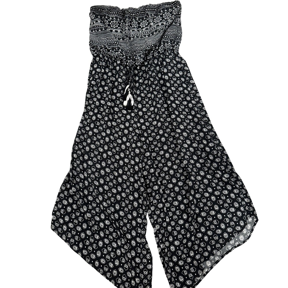 Black & White Strapless Jumpsuit With Drawstring Waist & Boho Print L