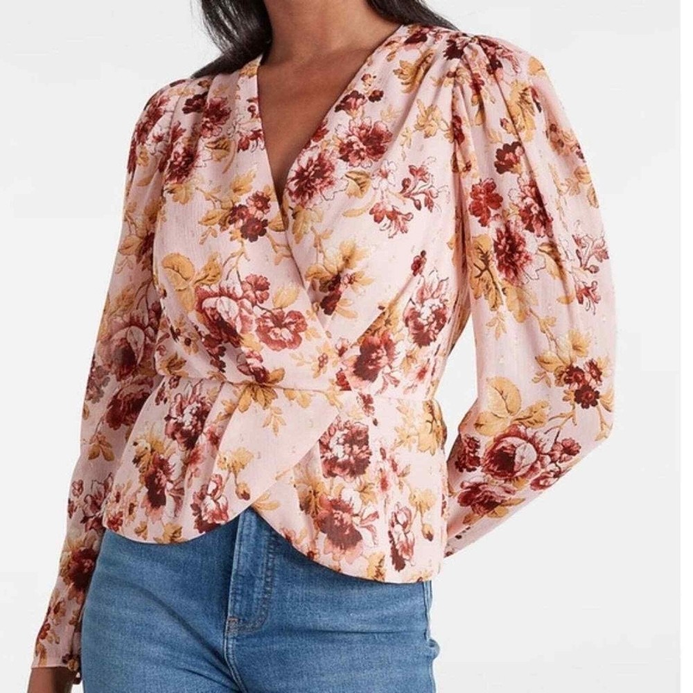 Express Floral Print Faux Wrap Front Peplum Top Mauve Pink Blouse Womens XL