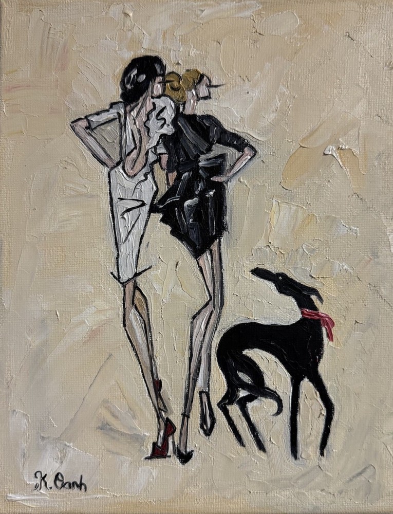 ORIGINAL OIL PAINTING FASHION WOMEN & THE DOG GREAT DANE SIGNED FRAMED 8x10