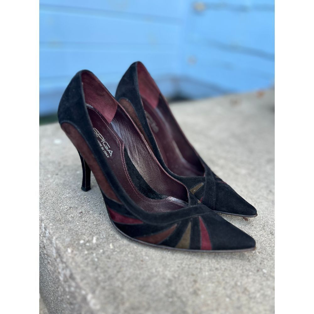 Via Spiga Black Burgundy Suede Pointed Toe Stiletto Pumps Size 5.5
