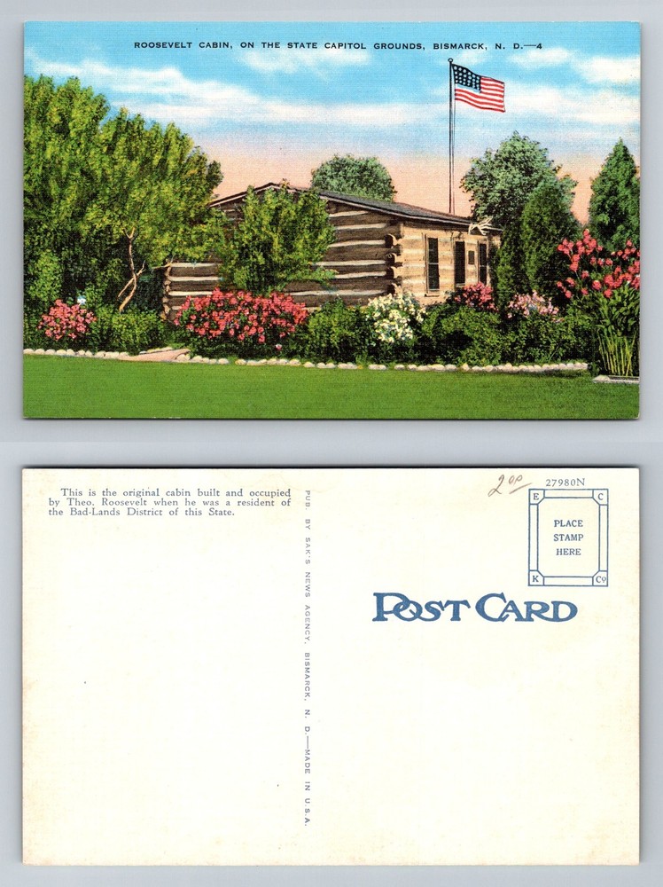 Bismarck, ND-North Dakota Roosevelt Cabin State Capitol Grounds Vintage Postcard