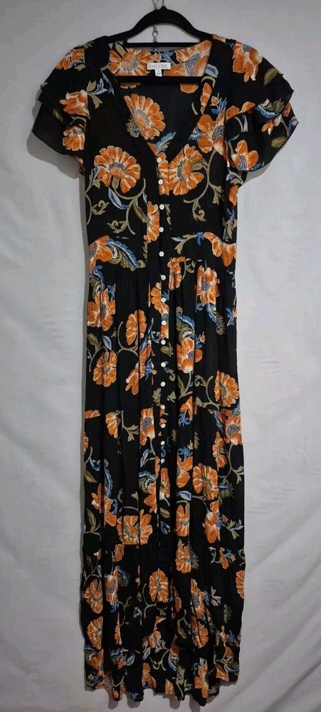 Patrons of Peace Black Floral Maxi Dress Size S Ruffle Sleeve Button Front