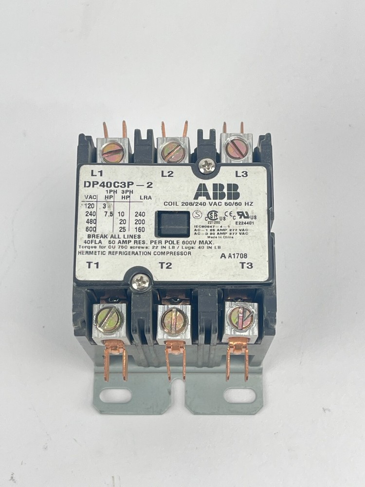 DP40C3P-2 ABB 3P 40A Definite Purpose Contactor 208/240V Coil