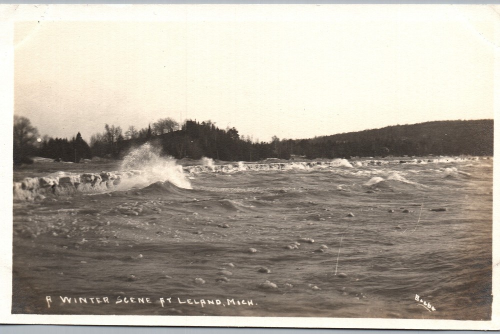 Leland, Michigan - Winter Scene on the Water / Waves Crash - Beebe RPPC Postcard