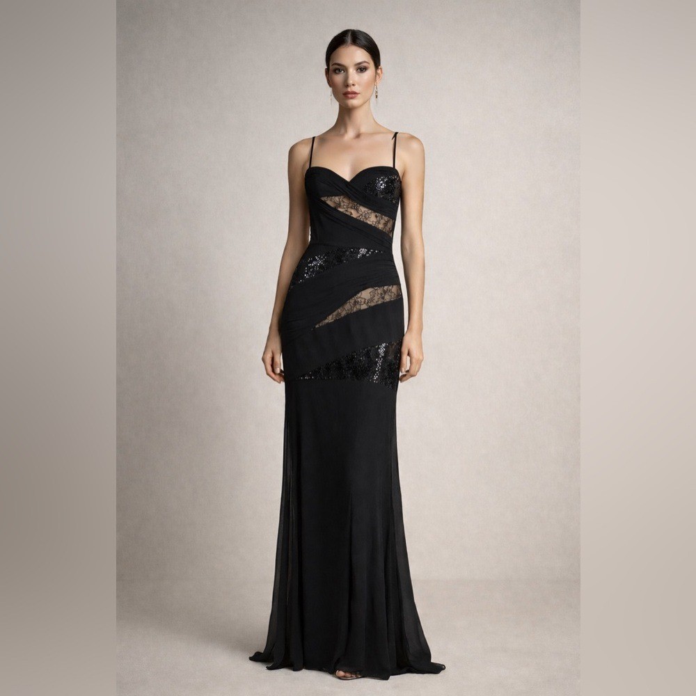 Dave & Johnny Black Evening Gown Lace Sequin Y2K Formal Prom Dress Size 3/4