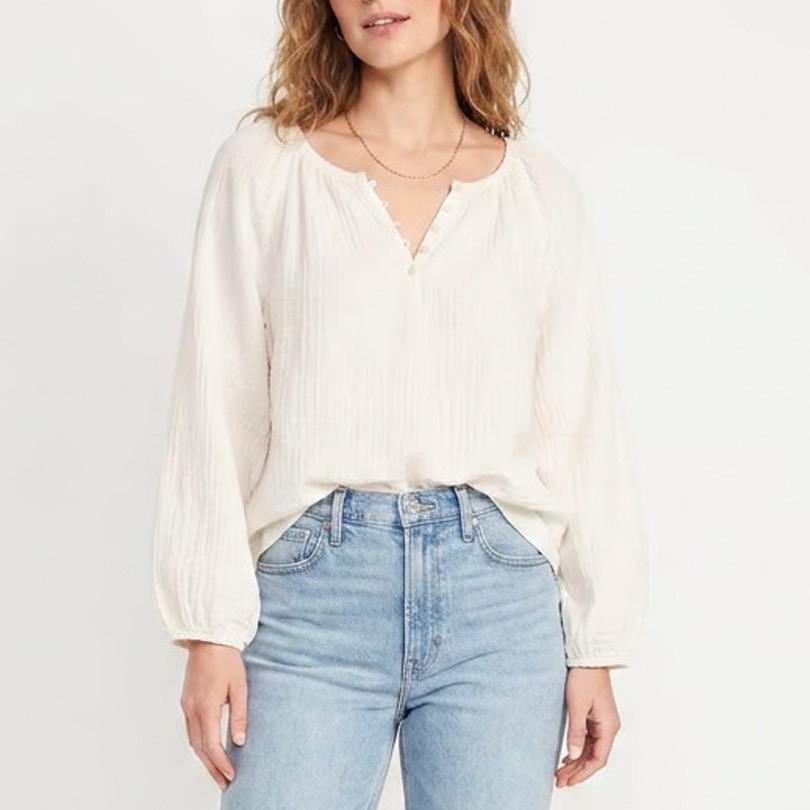 Old Navy Womens XL White Cotton Gauze Long Sleeve Button Split Neck Blouse Top