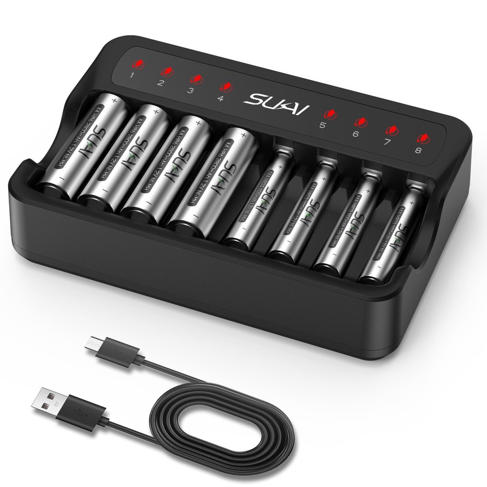 8 Bay Smart Battery Charger with 8-Pack Rechargeable Batteries - 2800/1100mAh...
