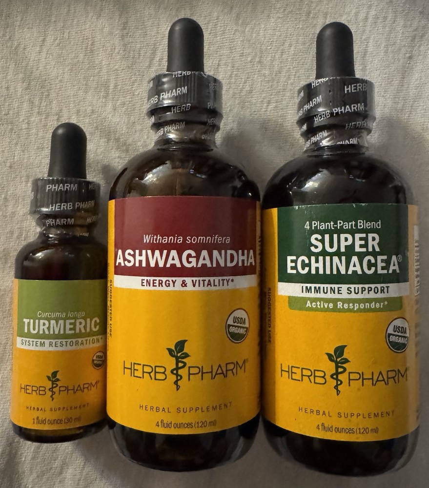 Lot of 3 Herb Pharm Turmeric 1oz., Ashwagandha 4oz., Super Echinacea 4oz