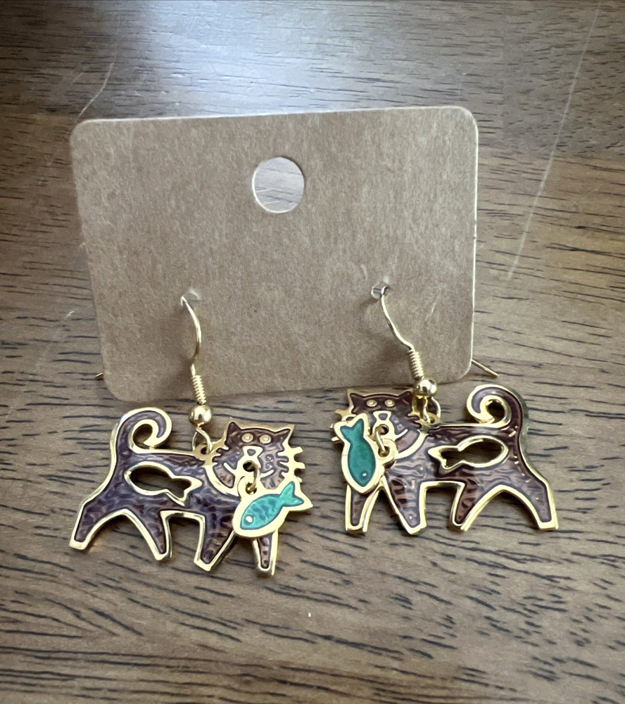 Vintage Berebi Cat With Fish Enamel Dangle Earrings Gold Purple Turquoise