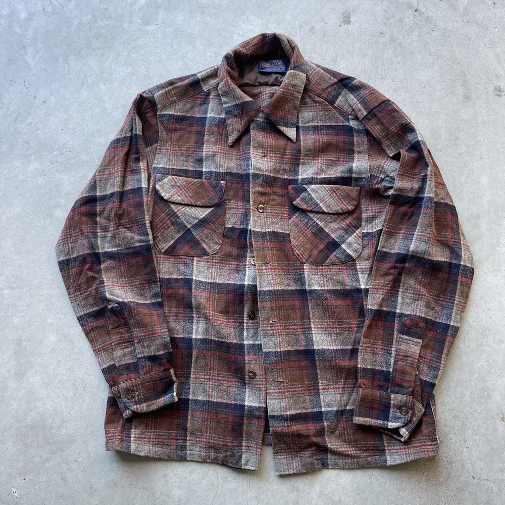 VTG 60's Pendleton Wool Board Shirt Flannel Loop Button BROWN BLUE Plaid Size M