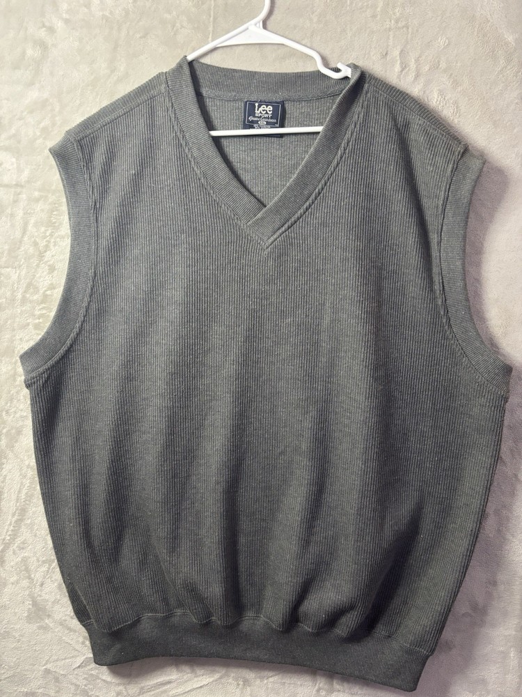 Lee Sport Sweater Vest Mens XXL Gray Ribbed V Neck Sleeveless Knit